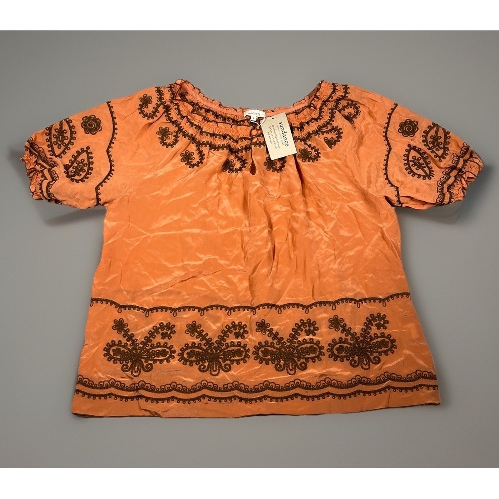 NWT-Sundance Embroidered‎ 100% Silk Short Sleeve Blouse Women Large Top